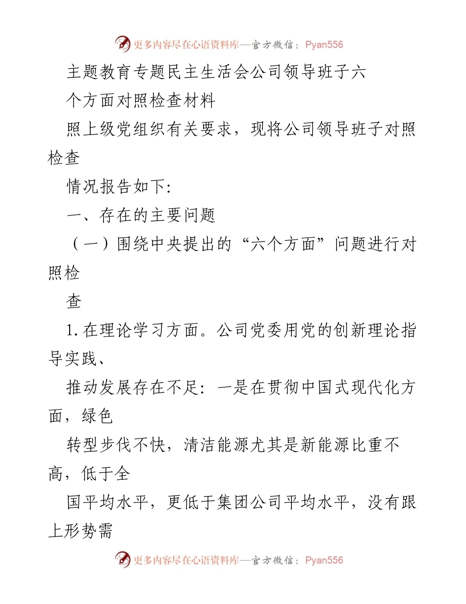 [对照检查材料] 主题教育专题民主生活会 - 公司领导班子对照检查情况报告.docx_第1页