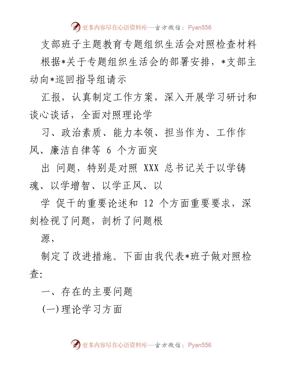 [对照检查材料] 主题教育专题组织生活会 - 深入检视支部班子存在的问题与改进措施.docx_第1页