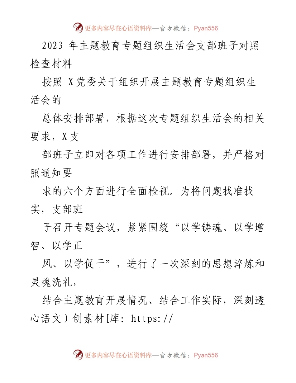 [对照检查材料] 主题教育专题组织生活会 - 支部班子对照检查与问题整改汇报.docx_第1页