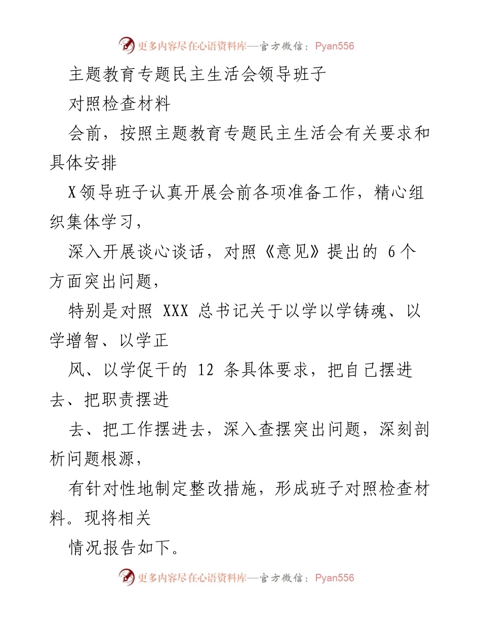 [对照检查材料] 主题教育专题民主生活会 - 领导班子对照检查材料总结与整改措施.docx_第1页
