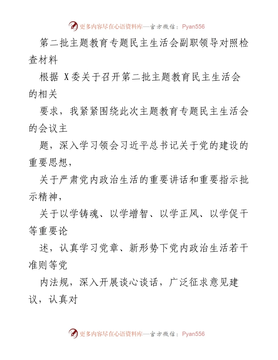 [对照检查材料] 主题教育民主生活会 - 剖析与整改：第二批主题教育专题民主生活会副职领导对照检查材料.docx_第1页