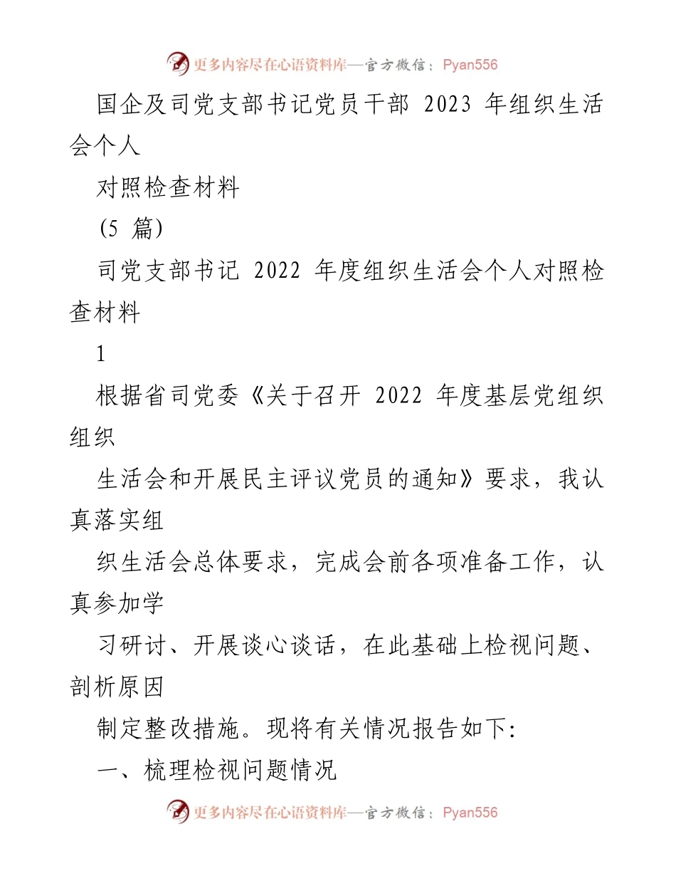 [对照检查材料] 组织生活会 - 2022年度组织生活会个人对照检查材料总结.docx_第1页