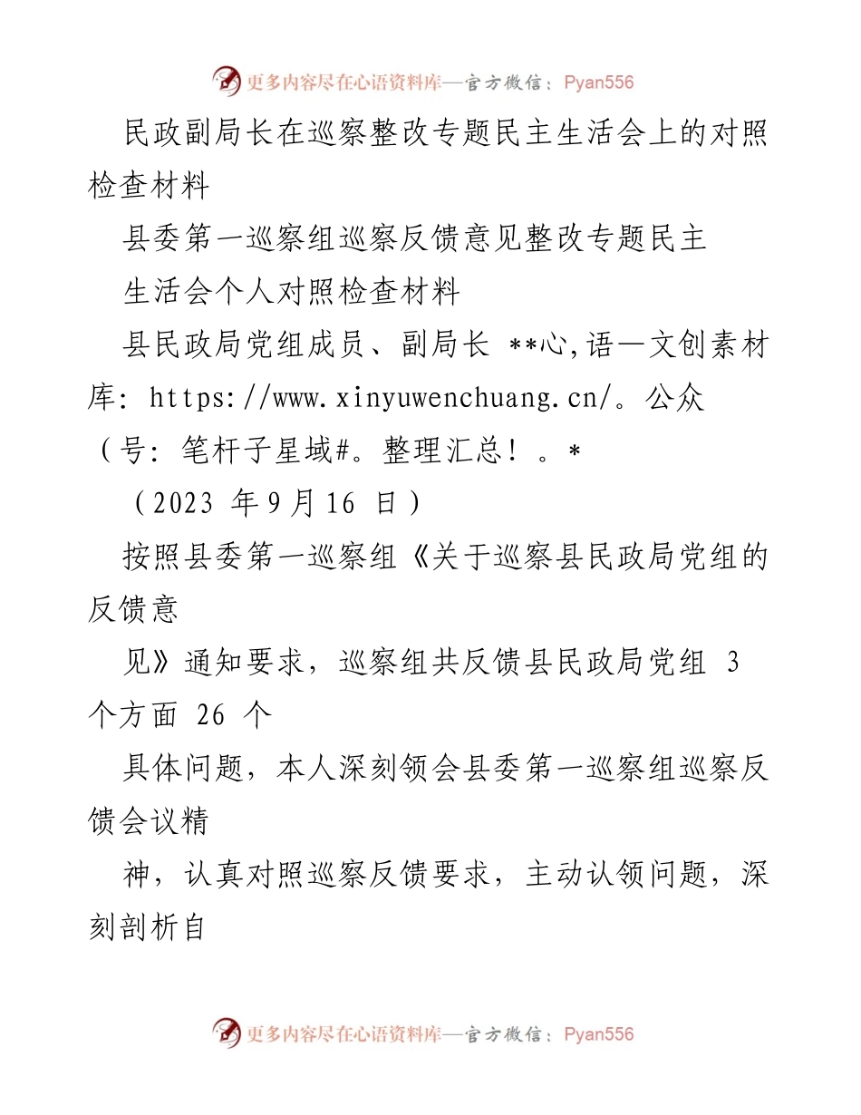 [对照检查] 巡察整改专题民主生活会 - 民政副局长对照检查材料分析与整改措施.docx_第1页