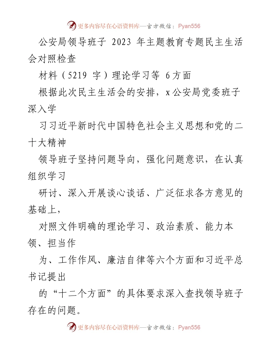 [对照检查报告] 公安局主题教育民主生活会 - 公安局领导班子2023年民主生活会对照检查报告.docx_第1页