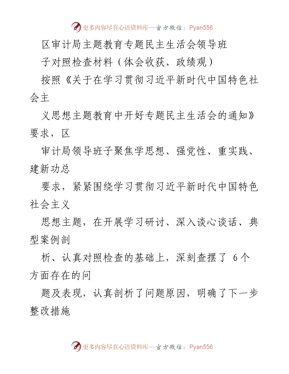 [对照检查材料] 区审计局主题教育专题民主生活会 - 深入查摆问题，推动审计事业高质量发展.docx_第1页
