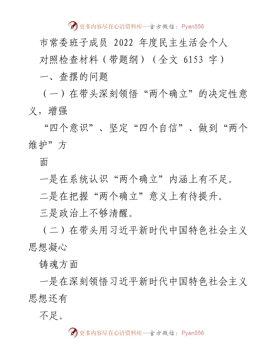 [对照检查材料] 市常委班子成员 2022 年度民主生活会 - 个人对照检查报告.docx_第1页