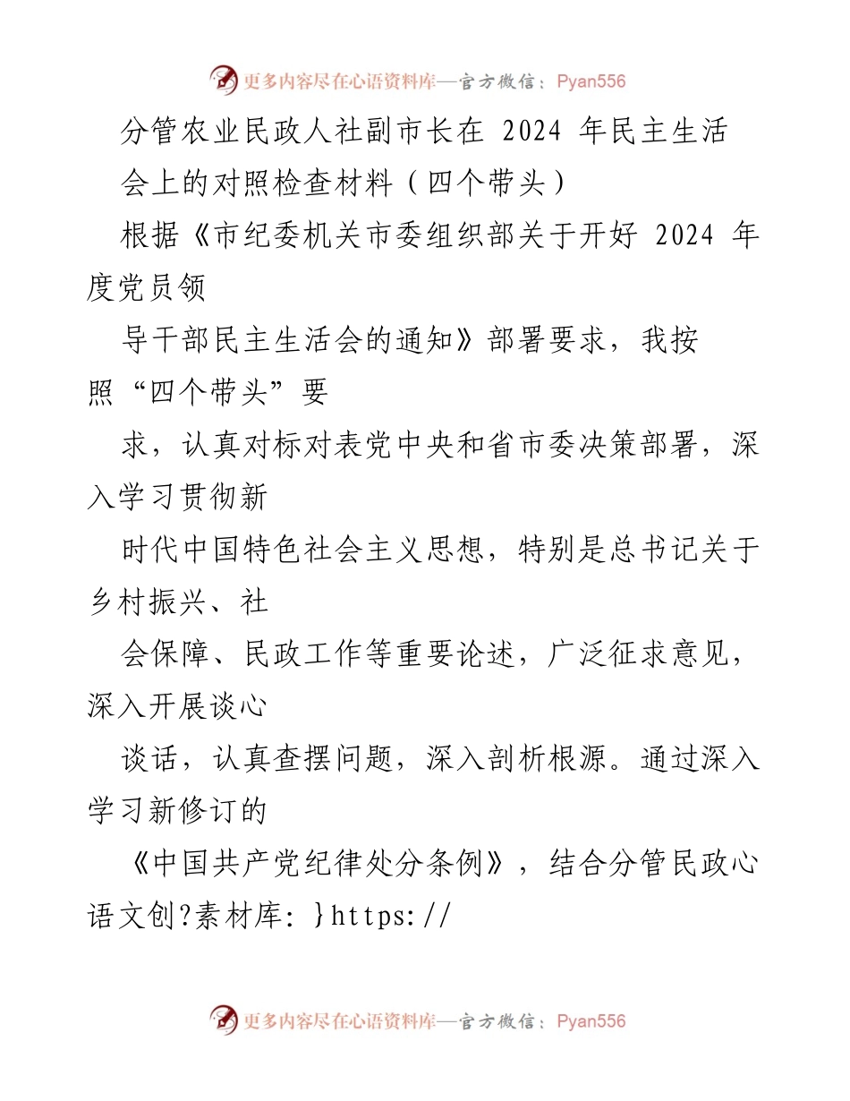 [对照检查材料] 2024年民主生活会 - 分管农业民政人社副市长的对照检查与问题剖析.docx_第1页