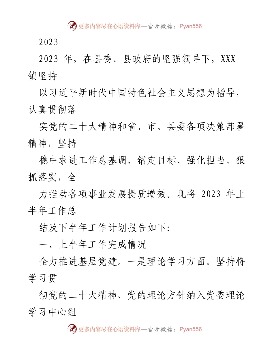 [工作总结] 2023年上半年 - XXX镇2023年上半年工作总结及下半年工作计划报告.docx_第1页
