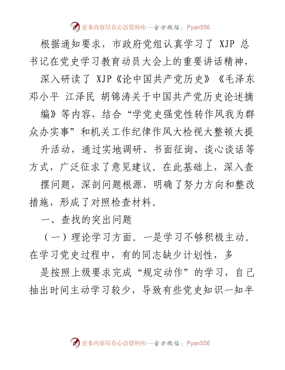 [对照检查材料] 市政府党组学习活动 - 深入查摆问题，明确整改方向.docx_第1页