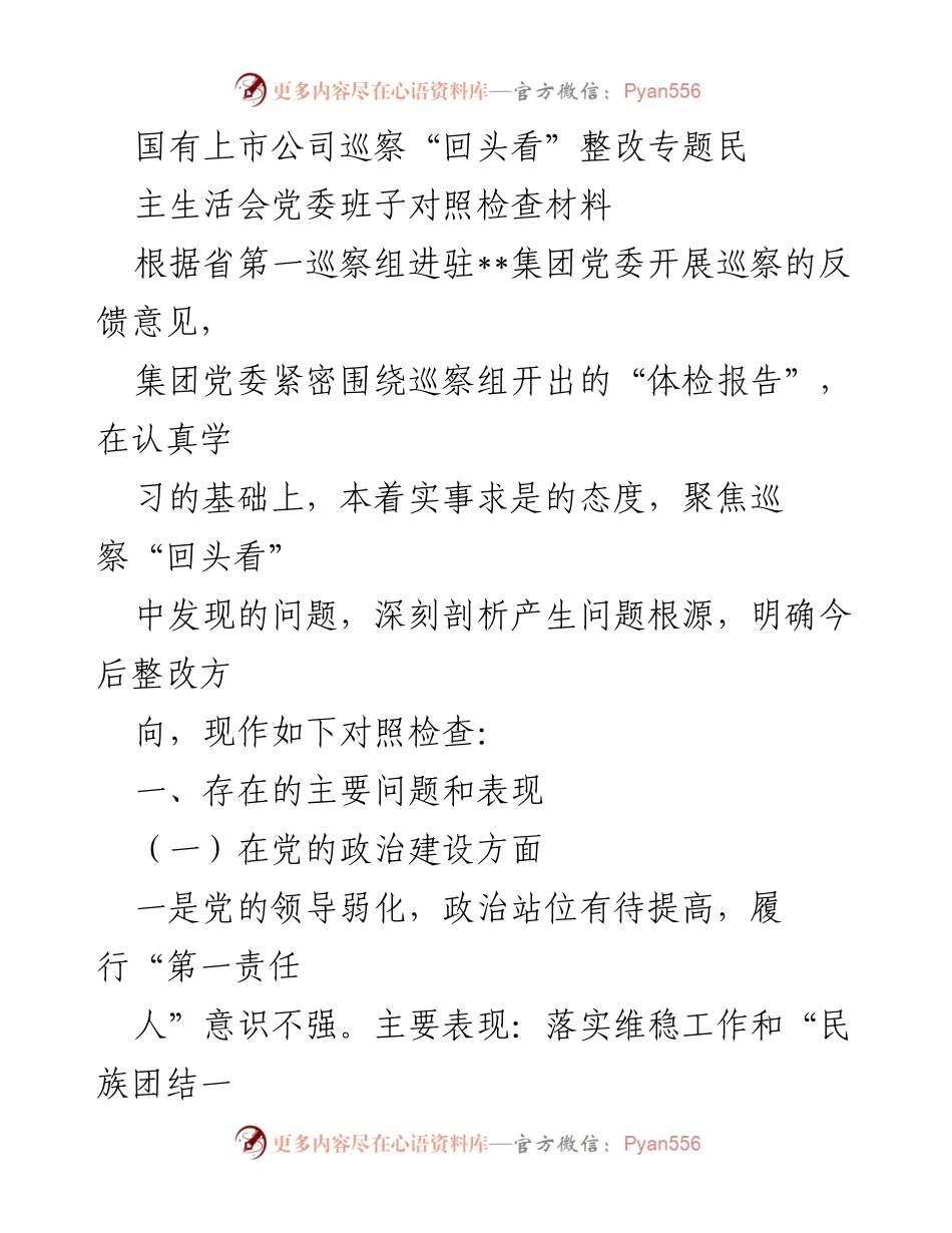 [对照检查材料] 巡察整改 - 国有上市公司党委班子巡察“回头看”对照检查报告.docx_第1页