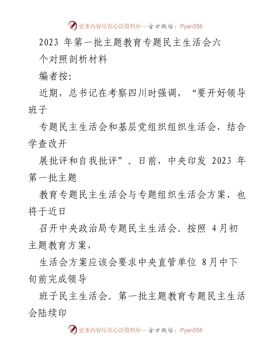 [对照剖析材料] 主题教育专题民主生活会 - 2023年第一批主题教育专题民主生活会六个对照剖析材料.docx_第1页