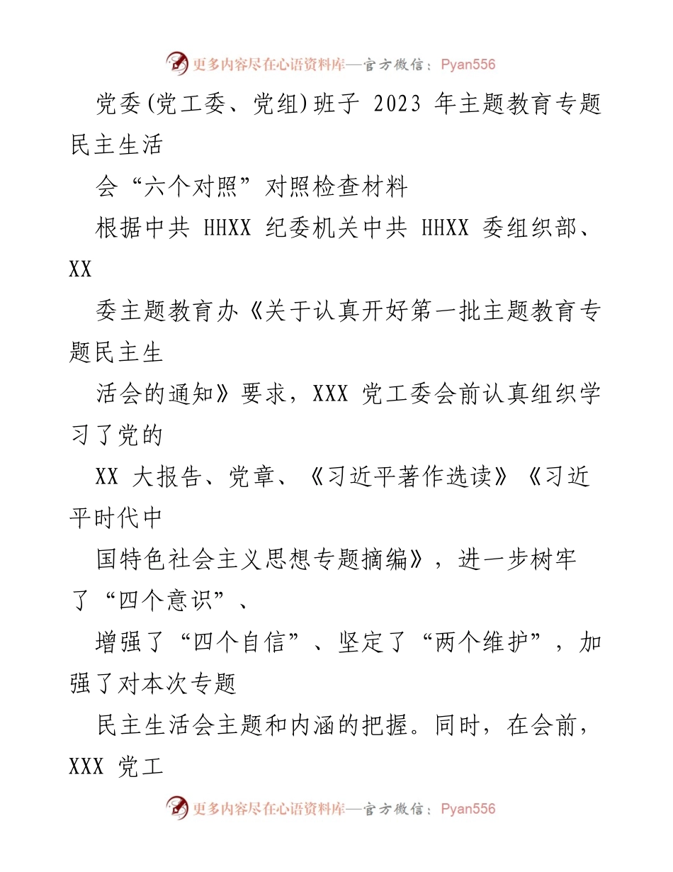 [对照检查材料] 主题教育专题民主生活会 - 2023年党工委对照检查材料分析.docx_第1页