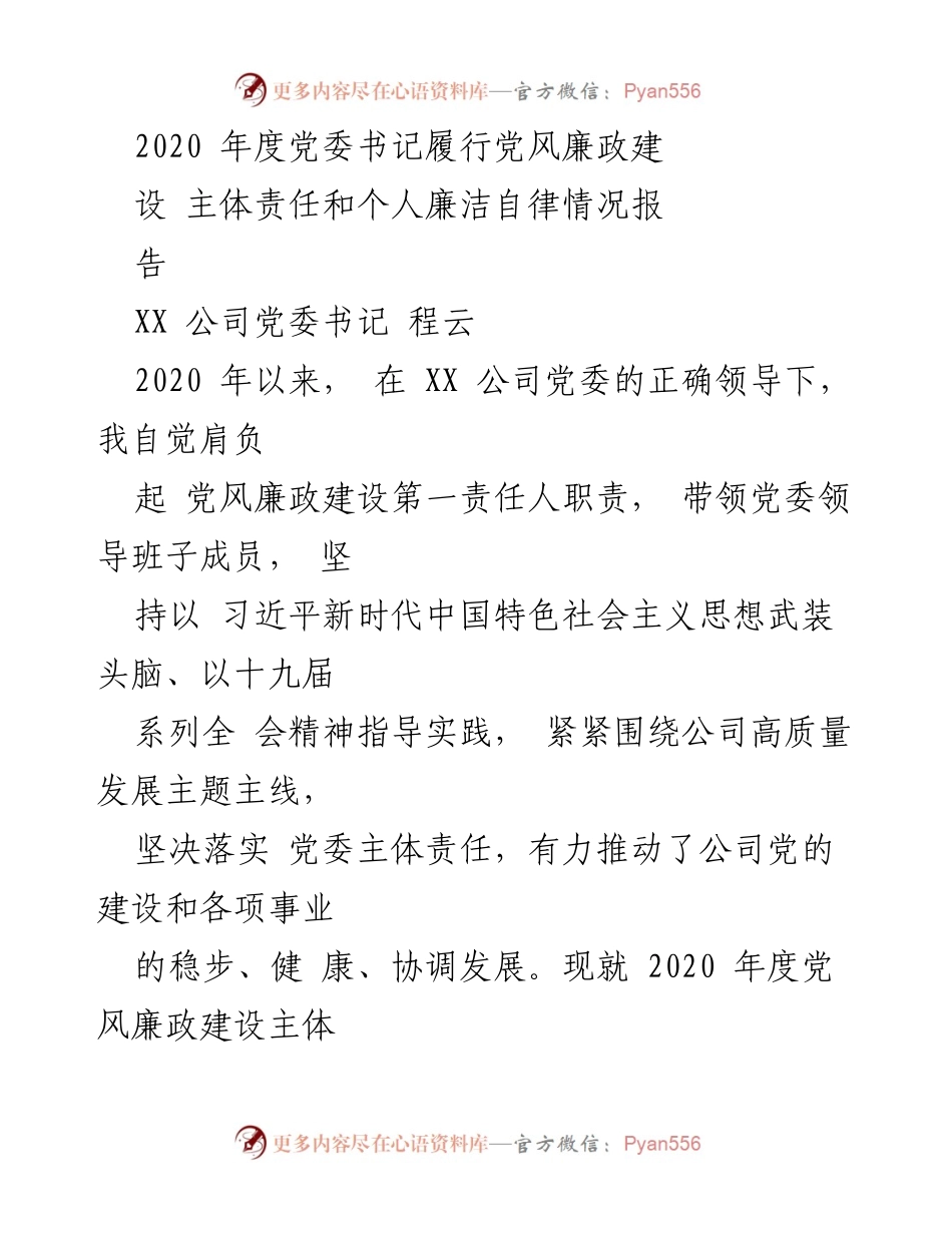 [工作总结] 2020年度 - 党委书记党风廉政建设主体责任及个人廉洁自律情况报告.docx_第1页