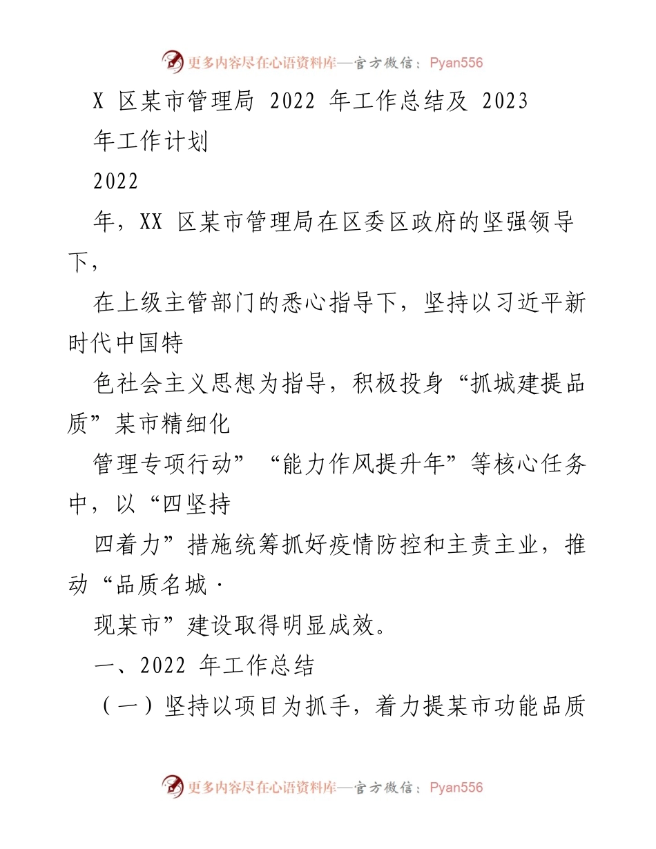 [工作总结] 2022年工作总结与2023年工作计划 - XX区某市管理局工作总结与计划报告.docx_第1页