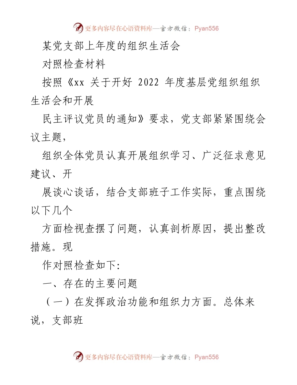 [对照检查材料] 组织生活会 - 党支部年度对照检查及整改措施总结.docx_第1页