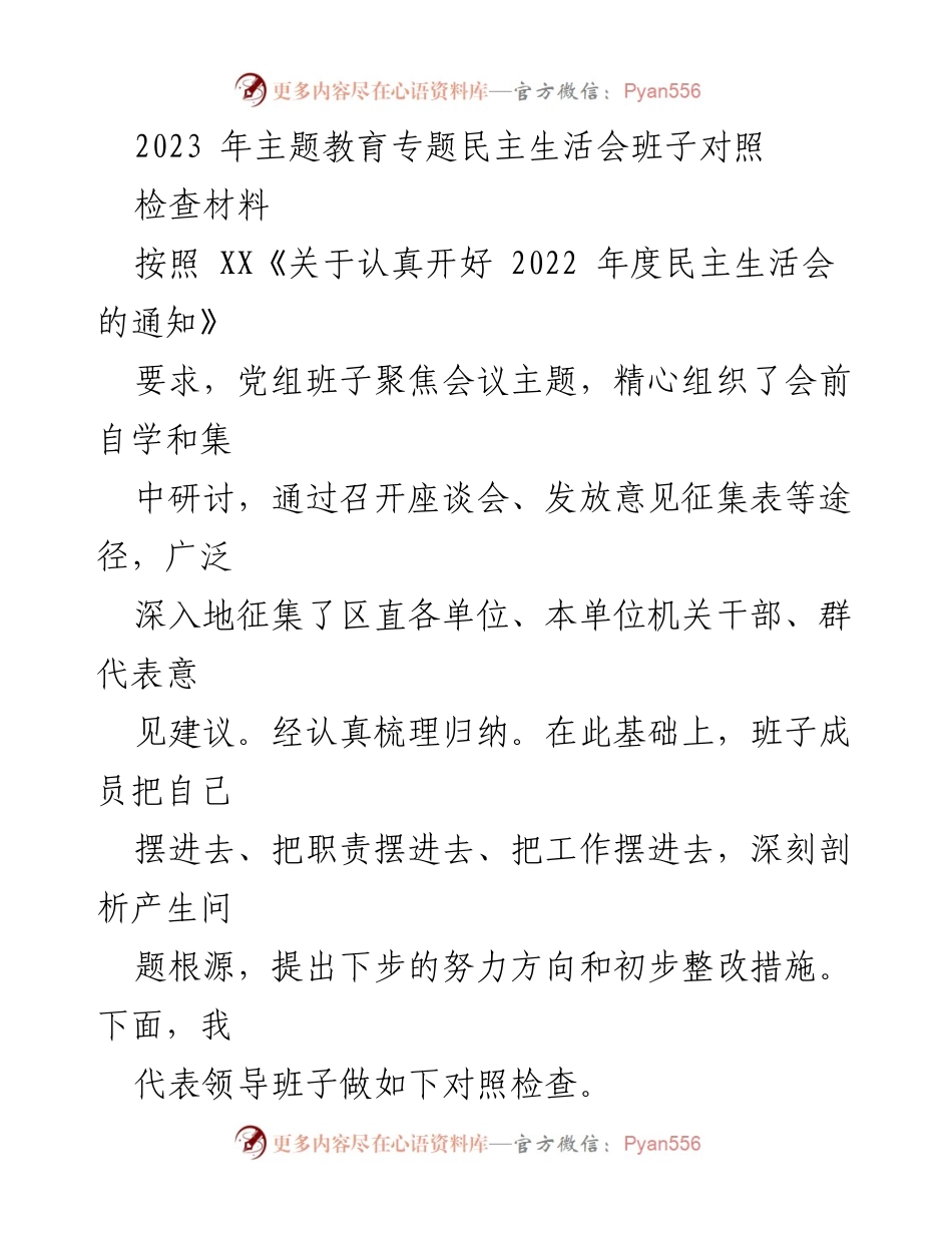 [对照检查材料] 主题教育专题民主生活会 - 班子对照检查与整改措施分析.docx_第1页