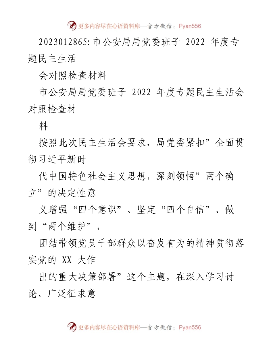 [对照检查材料] 市公安局年度专题民主生活会 - 市公安局党委班子2022年度民主生活会对照检查报告.docx_第1页