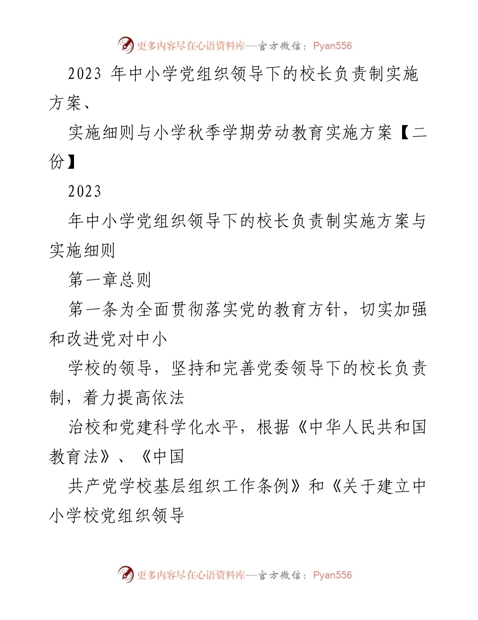 [实施方案] 教育改革 - 中小学党组织领导下的校长负责制实施方案与细则.docx_第1页