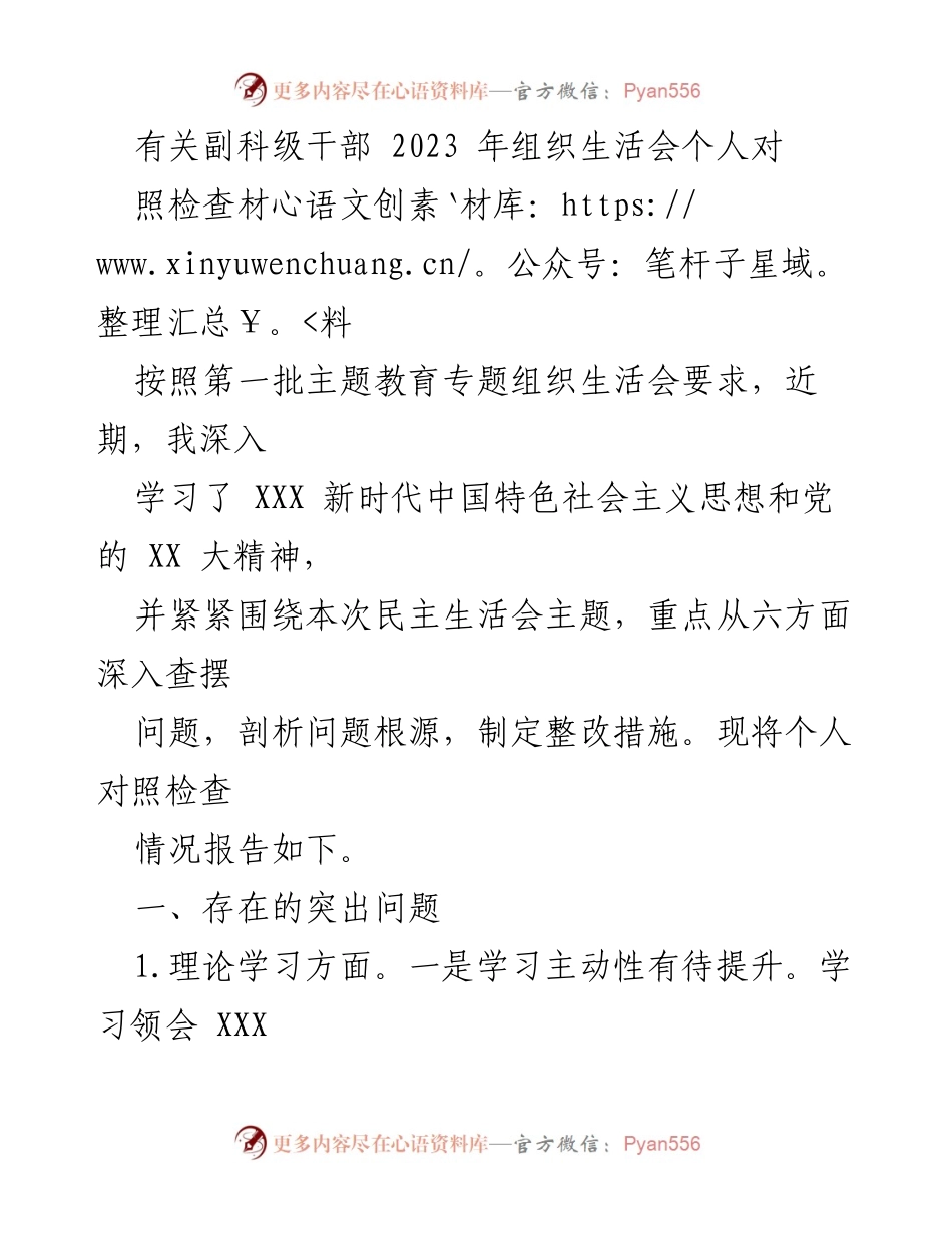 [对照检查材料] 组织生活会 - 剖析副科级干部存在的问题与整改措施.docx_第1页