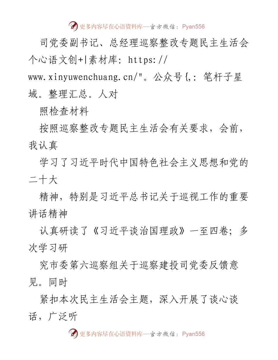 [对照检查材料] 巡察整改专题民主生活会 - 自我剖析与整改措施报告_1.docx_第1页