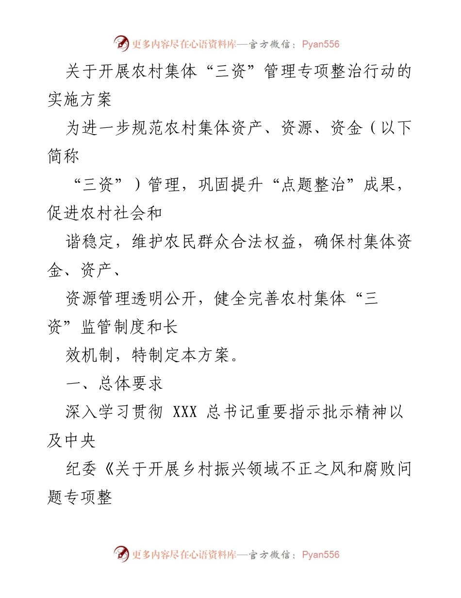 [实施方案] 农村集体“三资”管理专项整治 - 开展农村集体“三资”管理专项整治行动的实施方案.docx_第1页