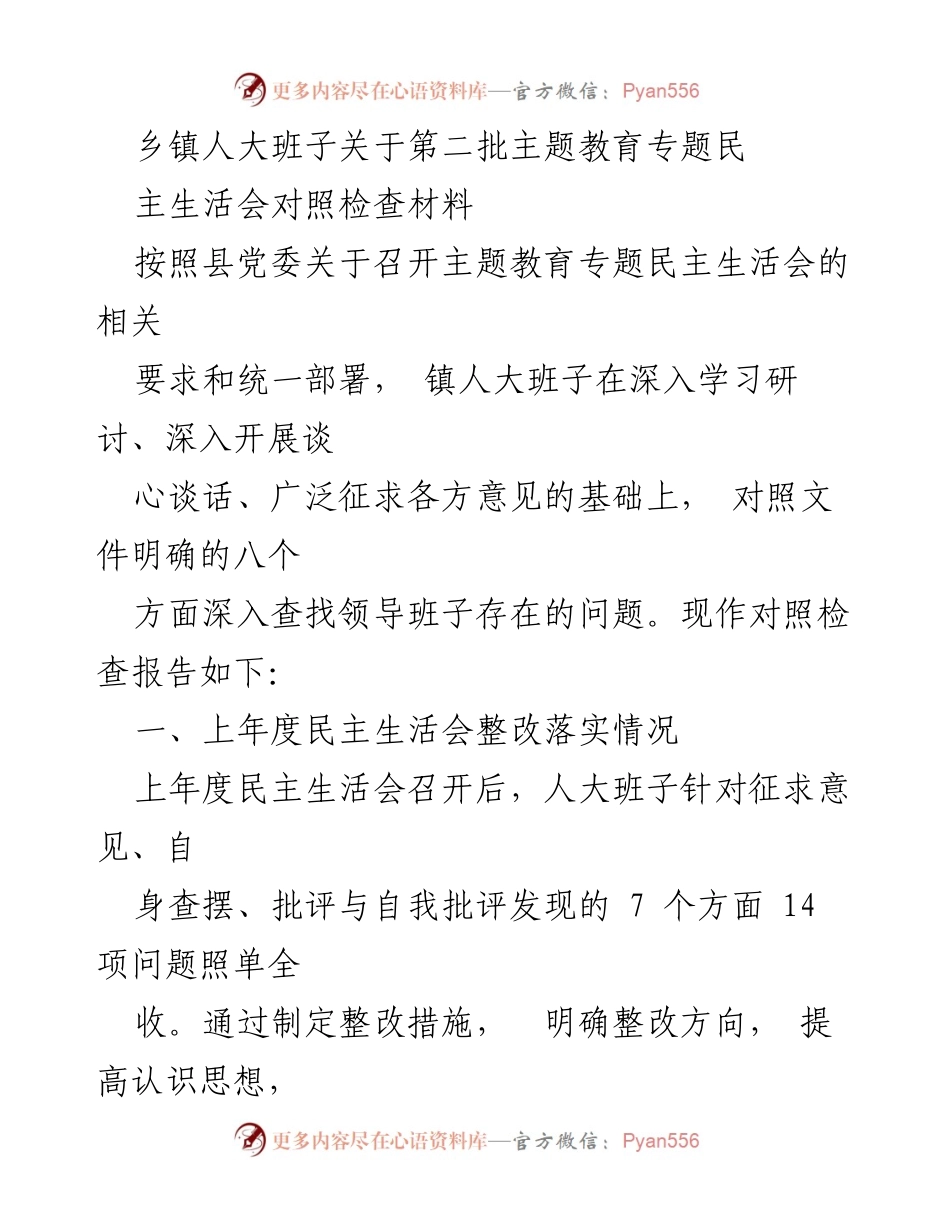 [对照检查报告] 乡镇人大班子 - 第二批主题教育专题民主生活会对照检查材料.docx_第1页