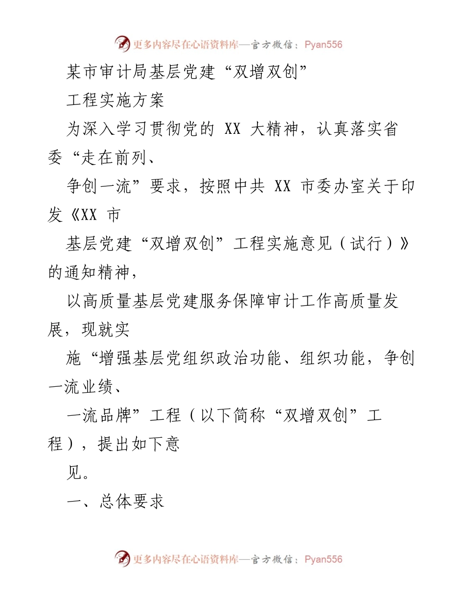 [实施方案] 基层党建 - 某市审计局“双增双创”工程实施方案.docx_第1页