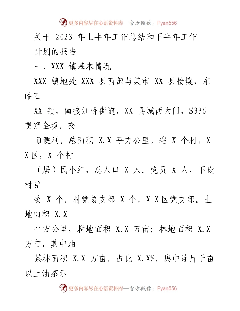 [工作总结] 2023年上半年 - XXX镇2023年上半年工作总结与下半年计划报告.docx_第1页