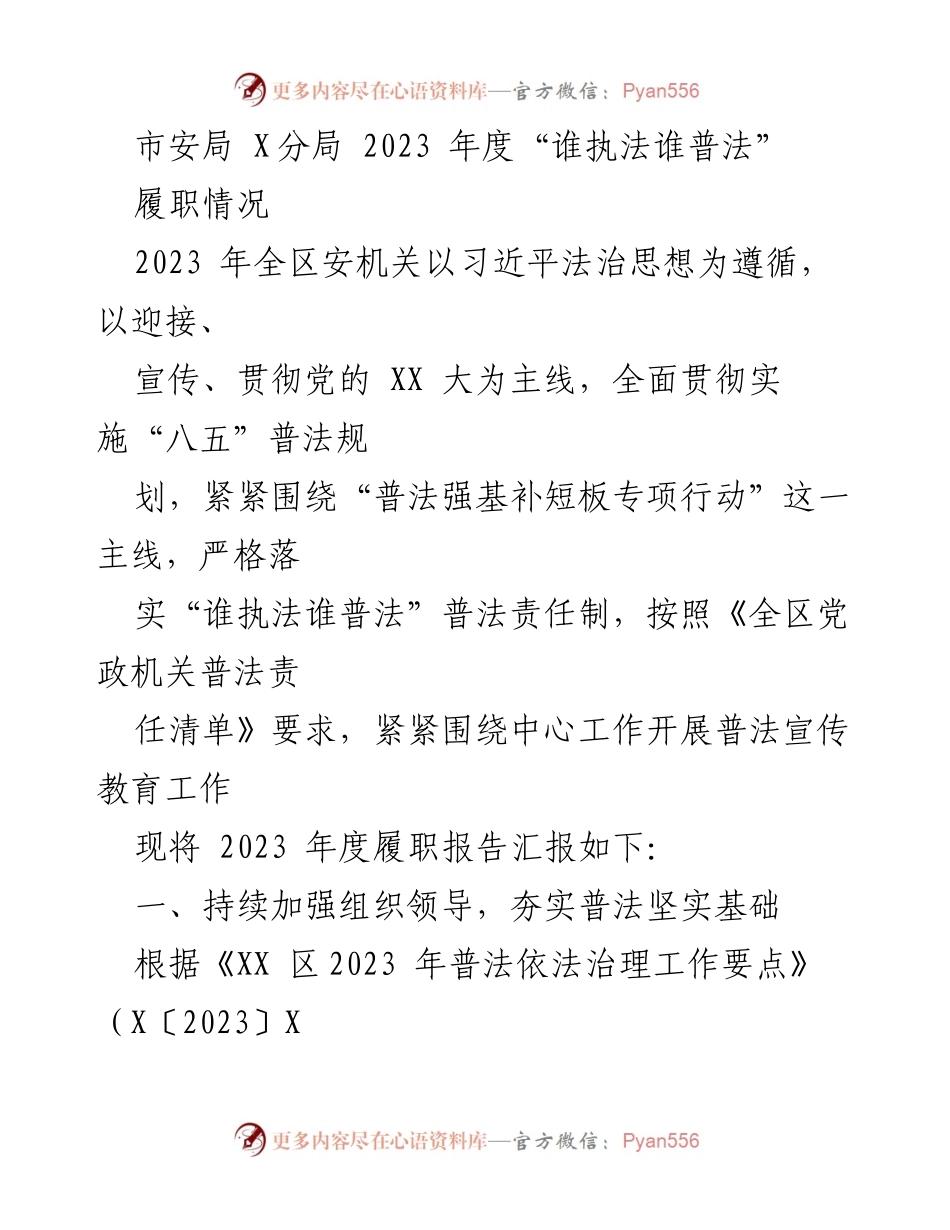 [工作总结] 2023年度 - 市安局X分局“谁执法谁普法”履职情况报告.docx_第1页