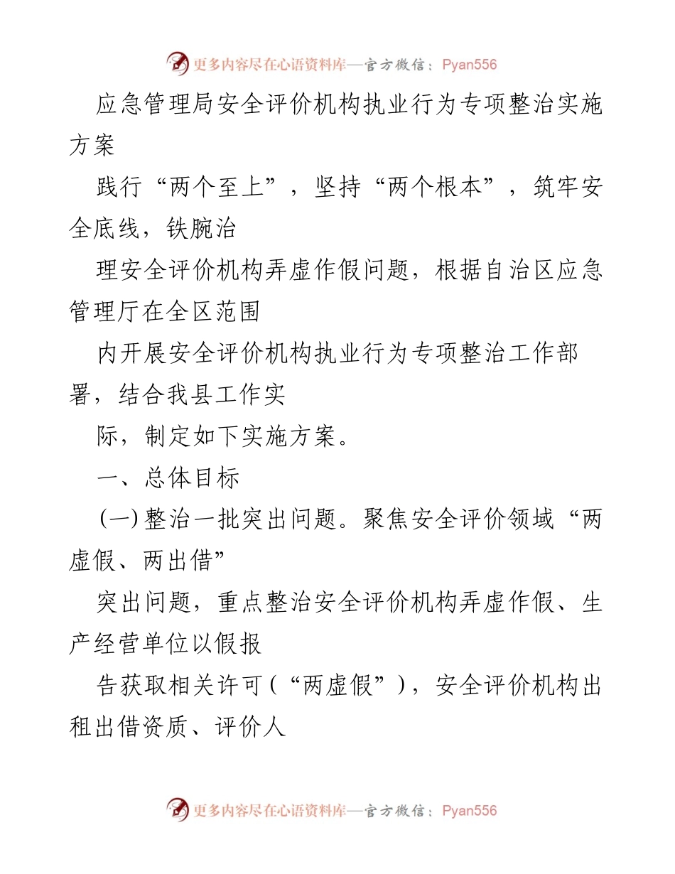 [实施方案] 应急管理局 - 安全评价机构执业行为专项整治实施方案.docx_第1页