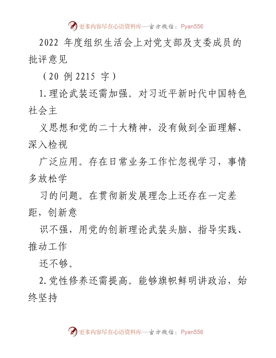 [工作总结] 2022年度组织生活会 - 党支部工作改进建议与批评意见.docx_第1页
