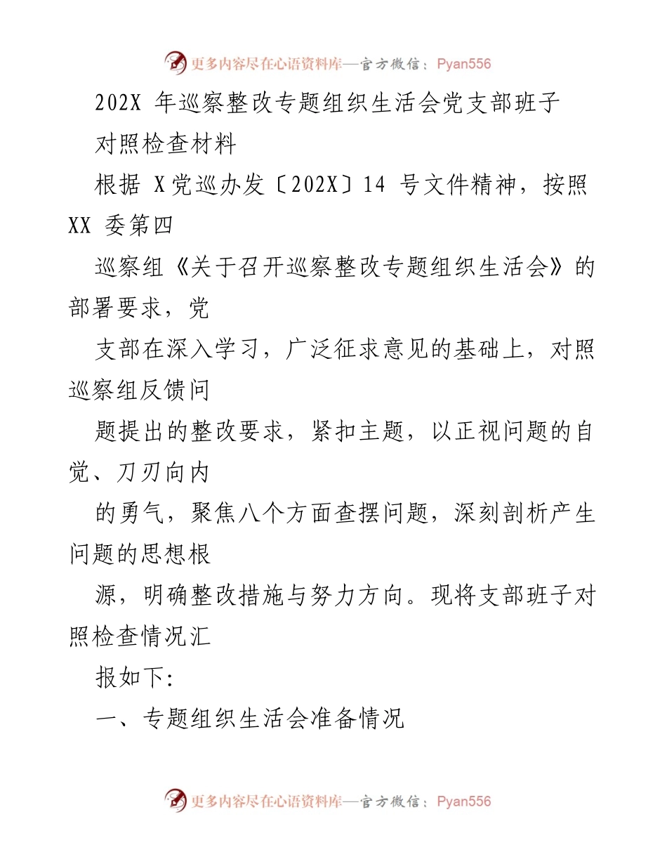 [对照检查材料] 巡察整改专题组织生活会 - 党支部班子整改情况汇报.docx_第1页