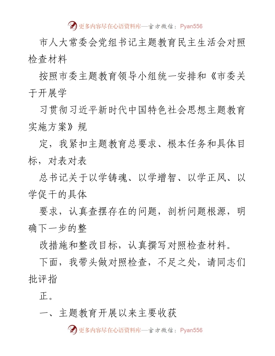 [对照检查材料] 主题教育民主生活会 - 市人大常委会党组书记主题教育对照检查材料.docx_第1页