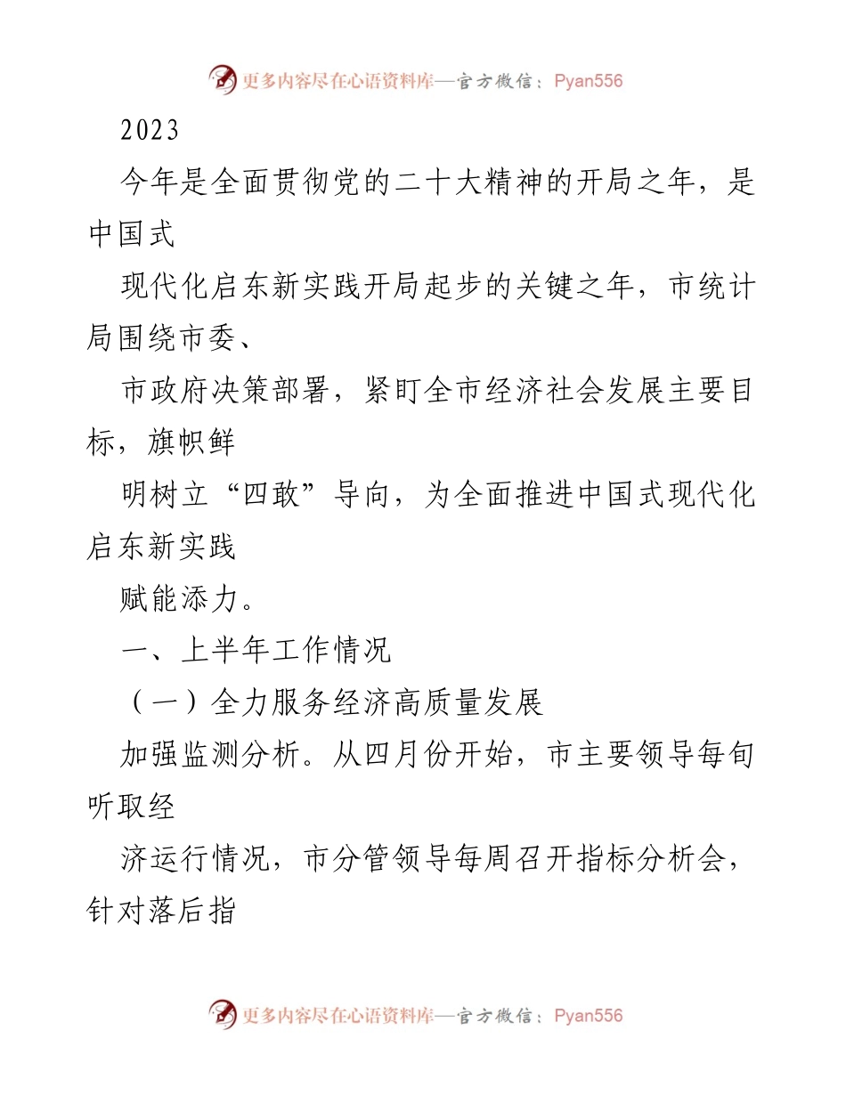 [工作总结] 2023年上半年 - 市统计局服务经济高质量发展工作总结.docx_第1页