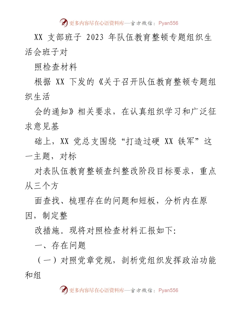 [对照检查材料] 组织生活会 - XX 支部班子队伍教育整顿对照检查汇报.docx_第1页
