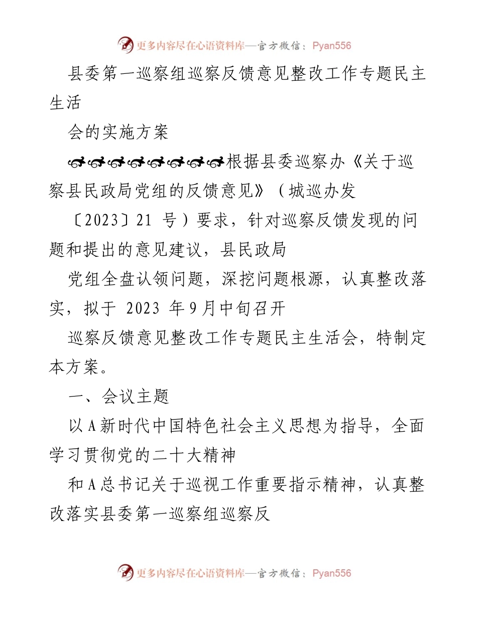 [实施方案] 巡察反馈整改 - 民政局党组巡察反馈整改专题民主生活会实施方案.docx_第1页