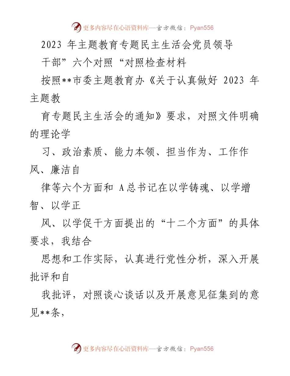 [对照检查材料] 主题教育专题民主生活会 - 2023年党员领导干部对照检查与整改措施报告.docx_第1页
