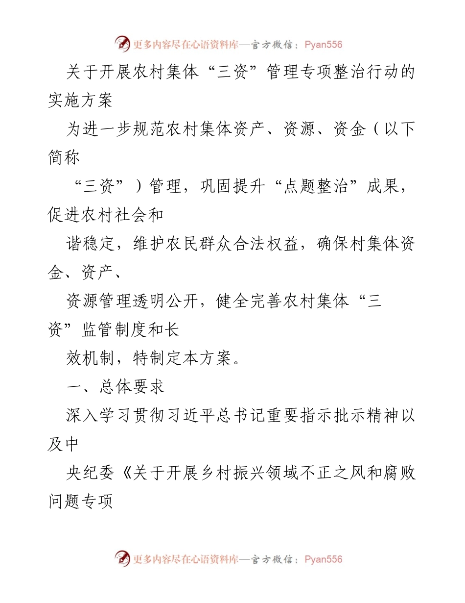 [实施方案] 农村集体“三资”管理专项整治行动 - 农村集体“三资”管理专项整治行动实施方案.docx_第1页