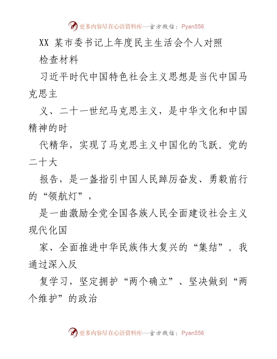 [对照检查材料] 民主生活会 - XX市委书记年度对照检查报告.docx_第1页