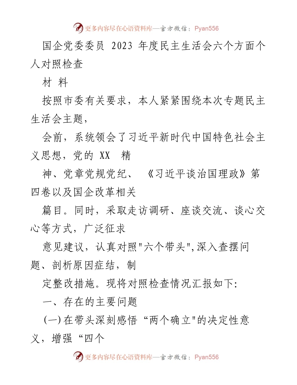 [对照检查] 2023年度民主生活会 - 国企党委委员个人对照检查报告.docx_第1页