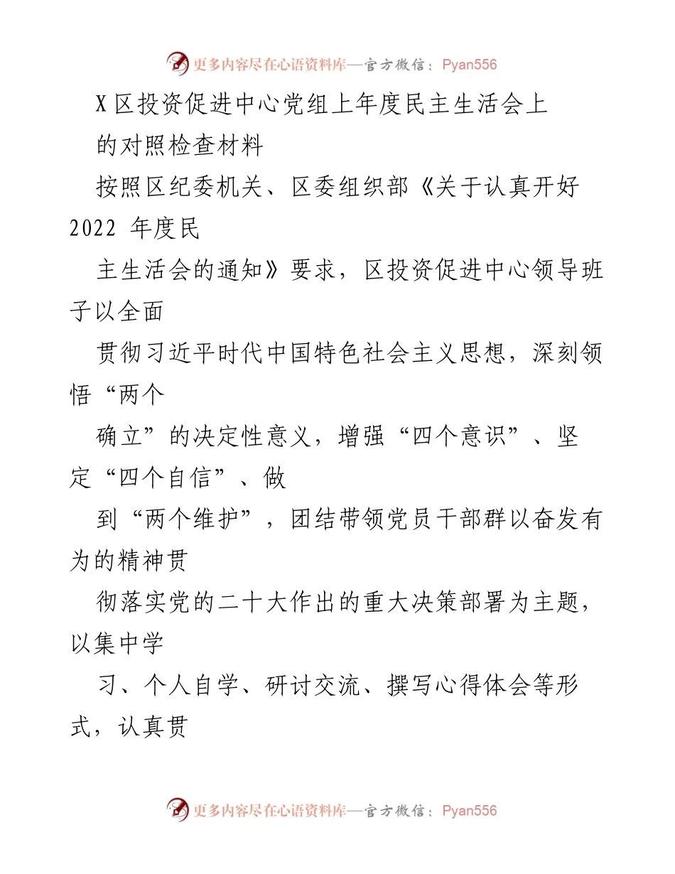 [对照检查材料] 民主生活会 - 区投资促进中心领导班子年度对照检查报告.docx_第1页