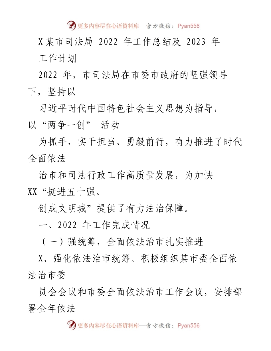 [工作总结] 2022年工作总结及2023年工作计划 - X某市司法局2022年工作总结与2023年工作计划.docx_第1页