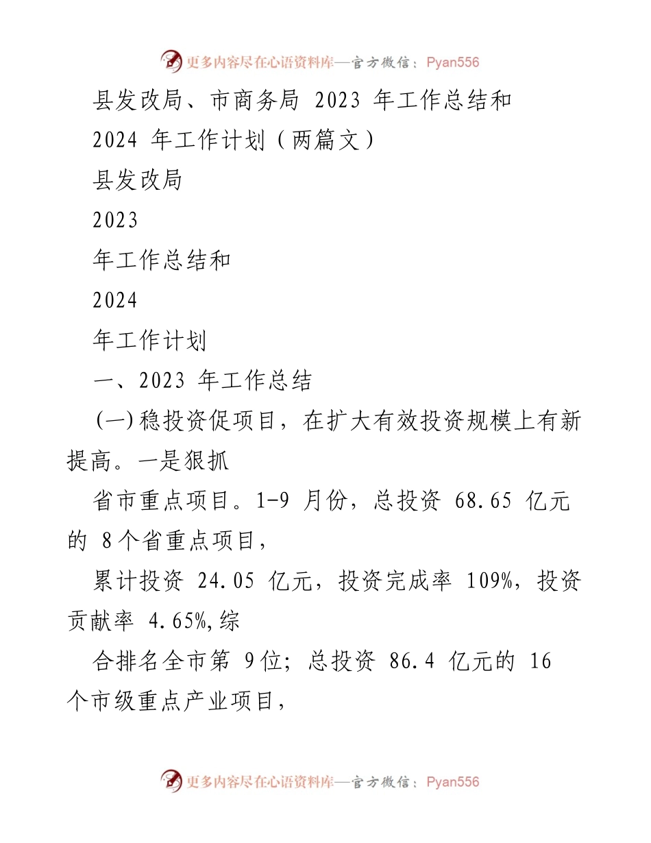 [工作总结] 2023年度 - 县发改局与市商务局工作总结及2024年工作计划.docx_第1页