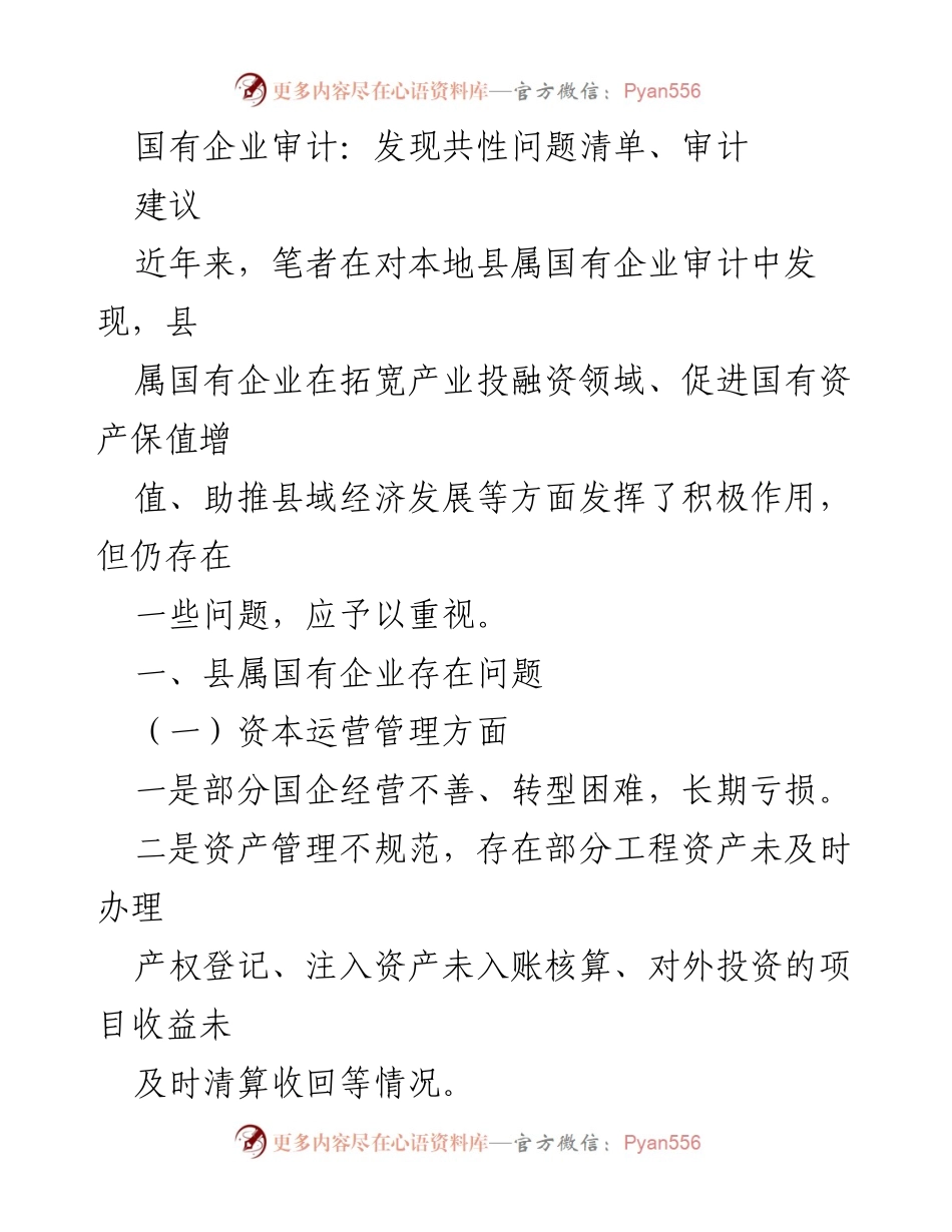 [审计报告] 国有企业审计 - 县属国有企业审计问题与建议分析.docx_第1页