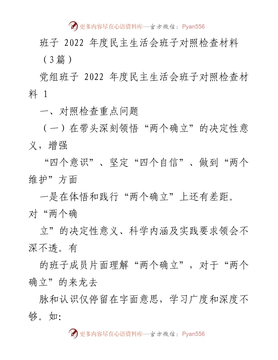 [对照检查材料] 2022年度民主生活会 - 班子对照检查及问题分析报告.docx_第1页