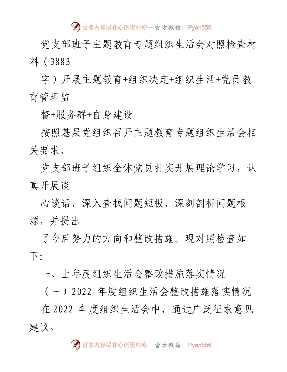 [对照检查材料] 主题教育专题组织生活会 - 党支部班子对照检查与整改措施总结.docx_第1页