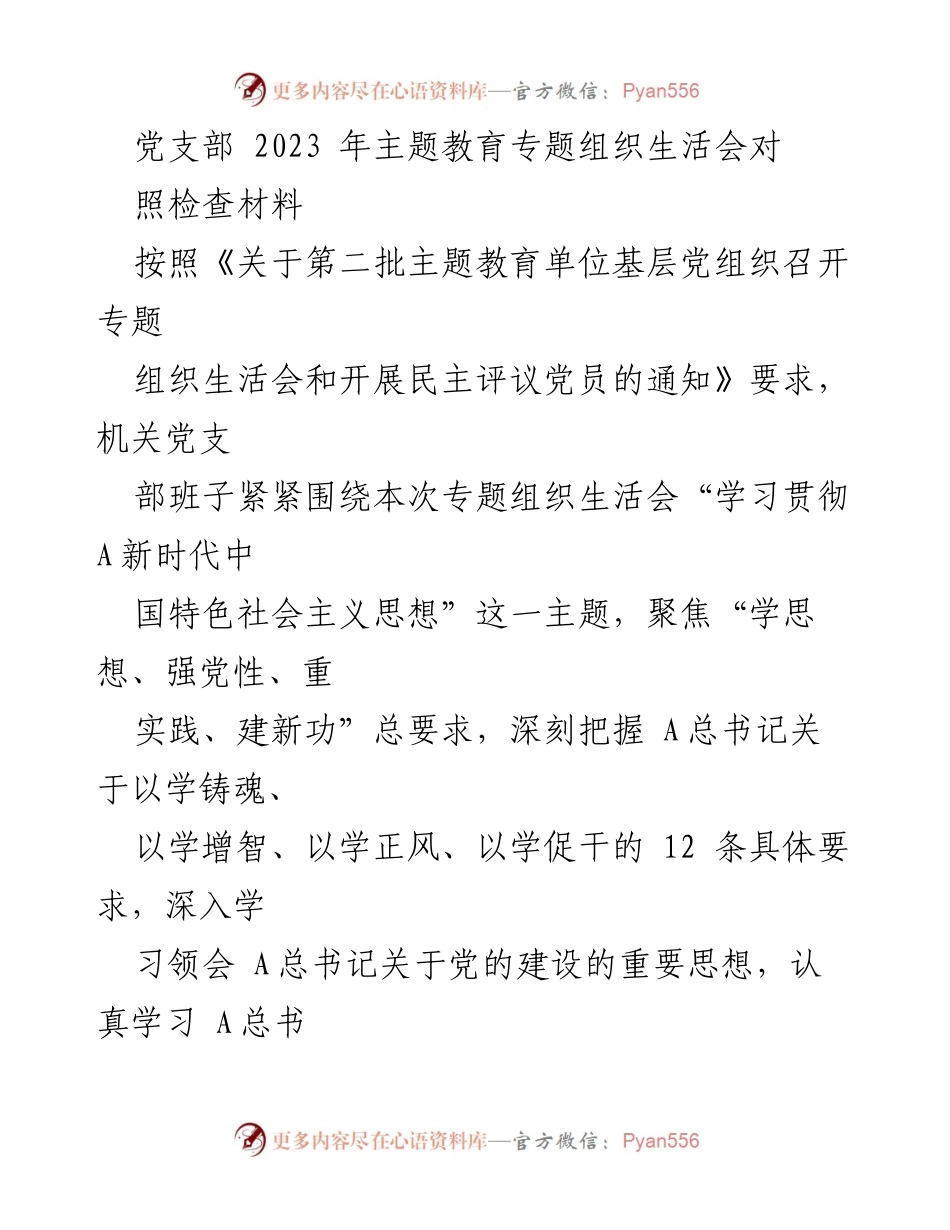 [对照检查材料] 党支部主题教育生活会 - 深入查摆问题，落实整改措施.docx_第1页
