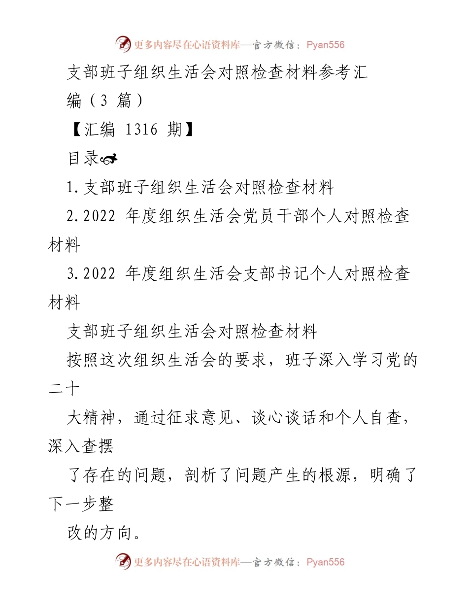 [对照检查材料] 组织生活会 - 支部班子组织生活会对照检查材料汇编.docx_第1页
