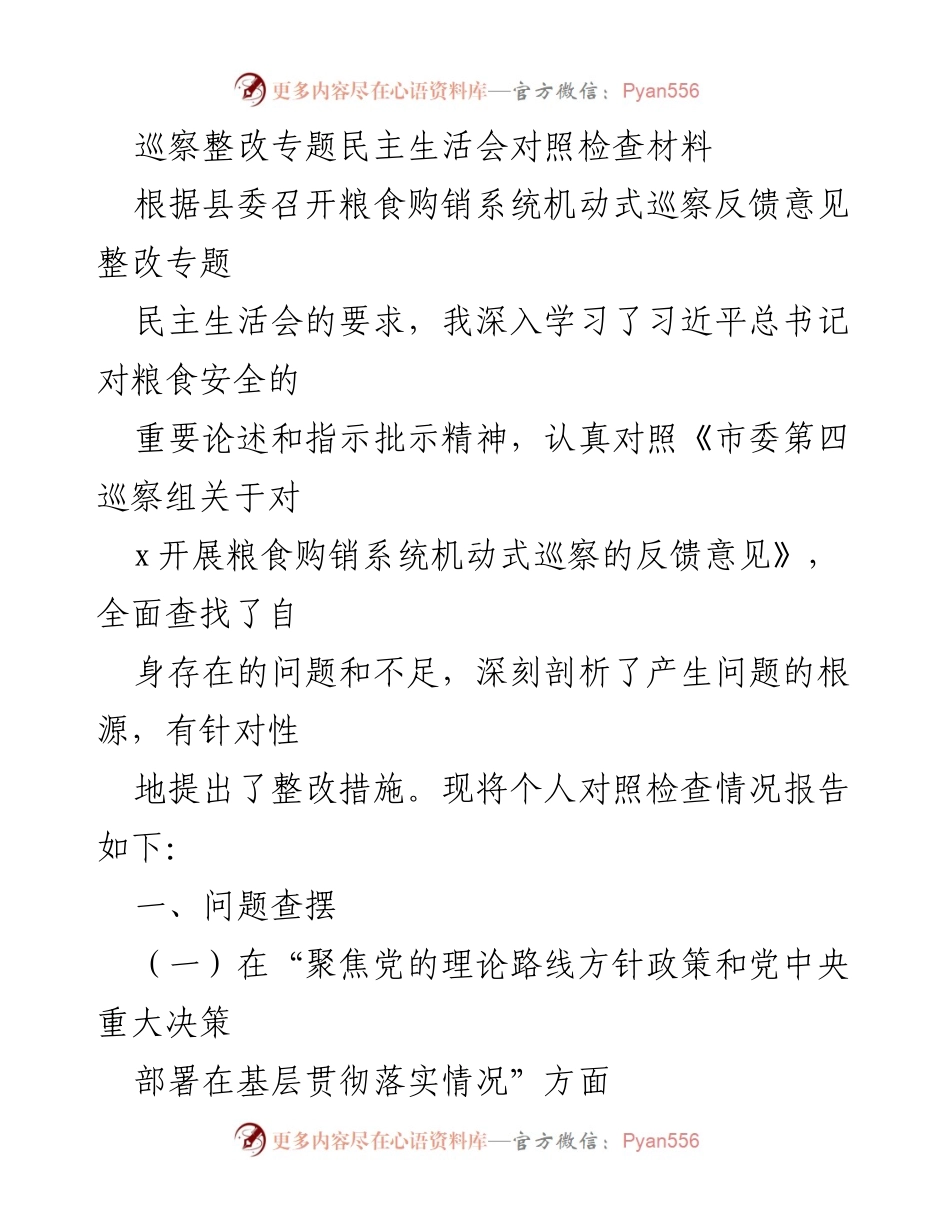 [对照检查材料] 巡察整改专题民主生活会 - 深刻剖析问题与整改措施.docx_第1页