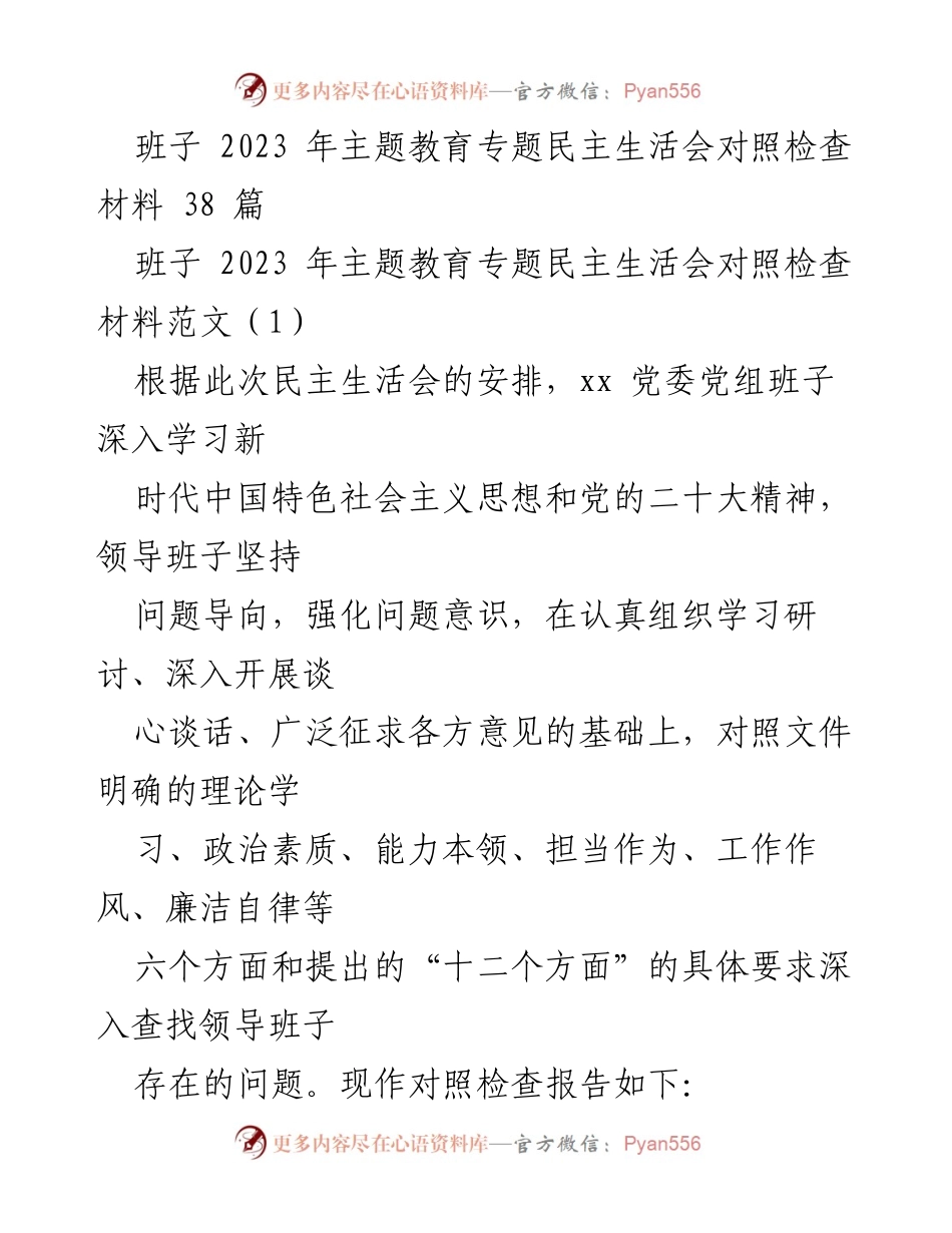 [对照检查报告] 主题教育专题民主生活会 - 班子对照检查材料分析与问题查摆.docx_第1页